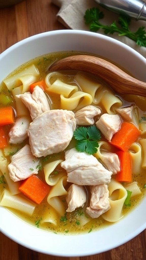 Classic Chicken Noodle Soup Recipe A bowl of chicken noodle soup with chicken, noodles, carrots, and parsley in a cozy kitchen setting.